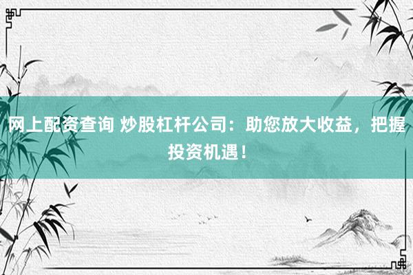 网上配资查询 炒股杠杆公司：助您放大收益，把握投资机遇！